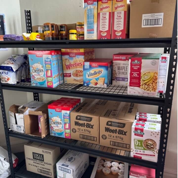 Pantry stocked with school breakfast club products