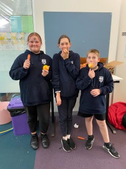 Three students at Moe Primary School's School Breakfast Club